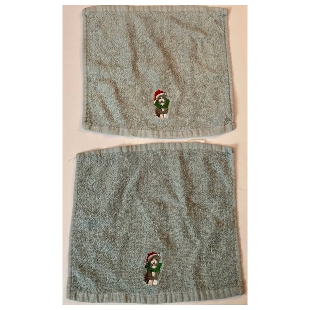 Set of 2 Christmas Dog Hand Towels Embroidered Santa Puppy Decor